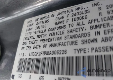 2011 Honda Accord 2.4 Ex-L from USA, damaged, VIN 1HGCP2F8XBA006226